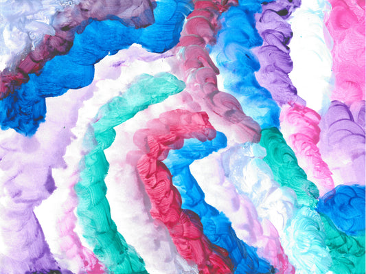 A series of circular brush strokes that form a series of curves. Each brush stroke alternates in colors from dark blue, dark purple, dark red, teal, pink, light purple, light pink, and white.