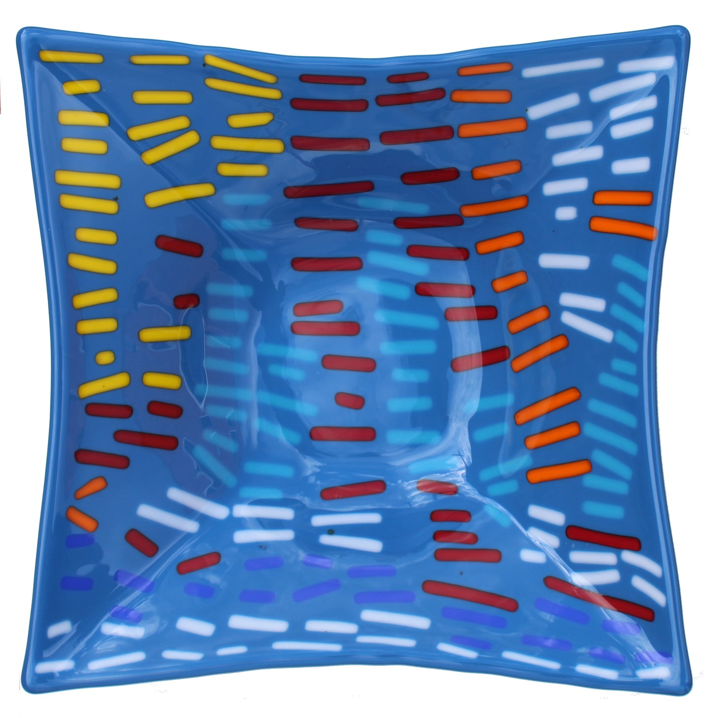 This is a blue square glass art with multicolored dashes in red, white, orange and yellow.