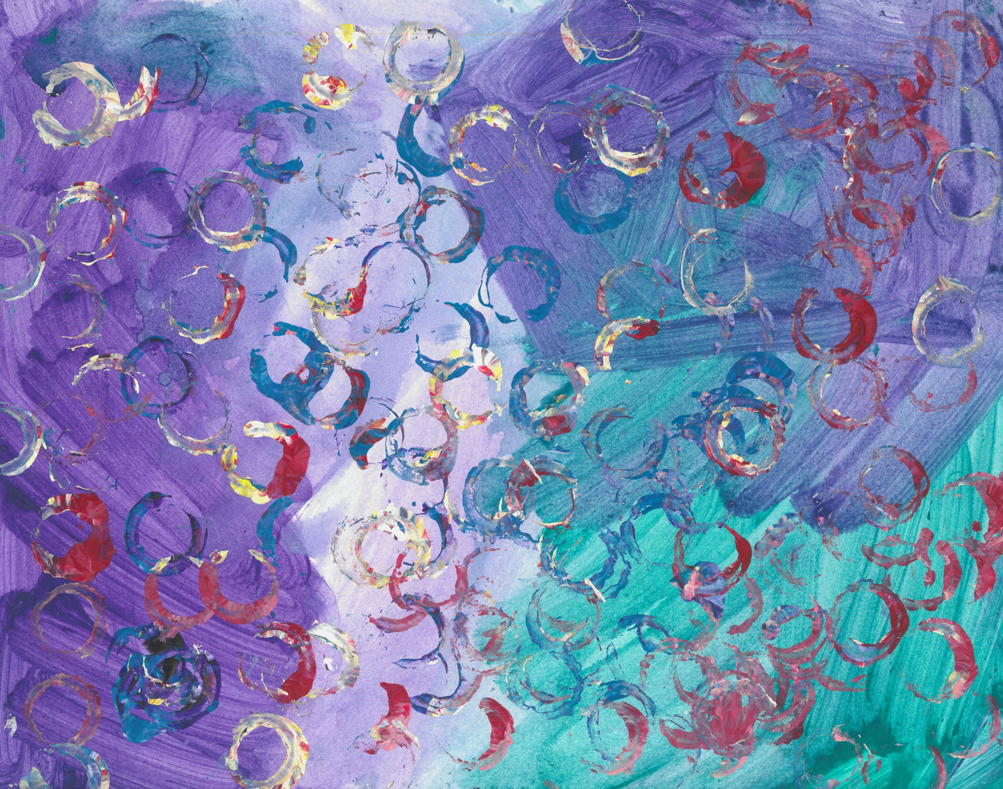 This is a painting with a green and purple background and circular imprints on top in red white and blue