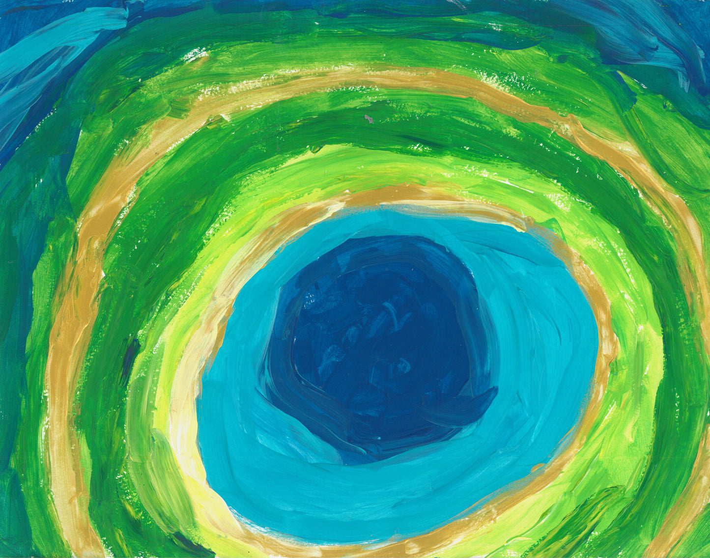 This is a painting with a dark blue circle in the center, and yellow, green, blue and dark green circles surrounding the inner circle
