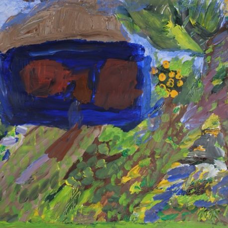 Acrylic on paper artwork depicting a blue house with brown windows and a light brown roof. The right side of the piece features green garden, brown trees with green leaves and a small citrus fruit tree
