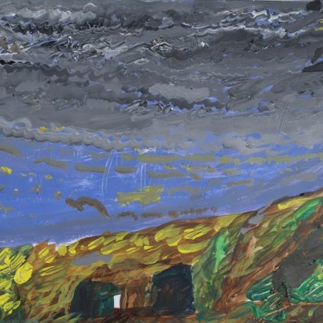 Painting of mostly the sky, bottom third is of the ground which has small brush strokes of yellow and green amongst the brown. The sky in the center of the painting is a bluish purple and quickly turns into gray, the closer to the top of the painting- the darker the paint and more textured the sky becomes