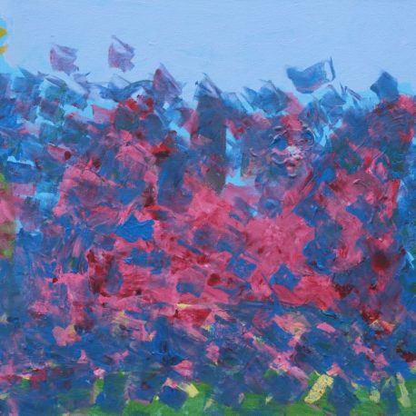Acrylic on canvas artwork with a light blue background beneath mostly dark blue and red paint dabs with a small spackling of green at the bottom edge
