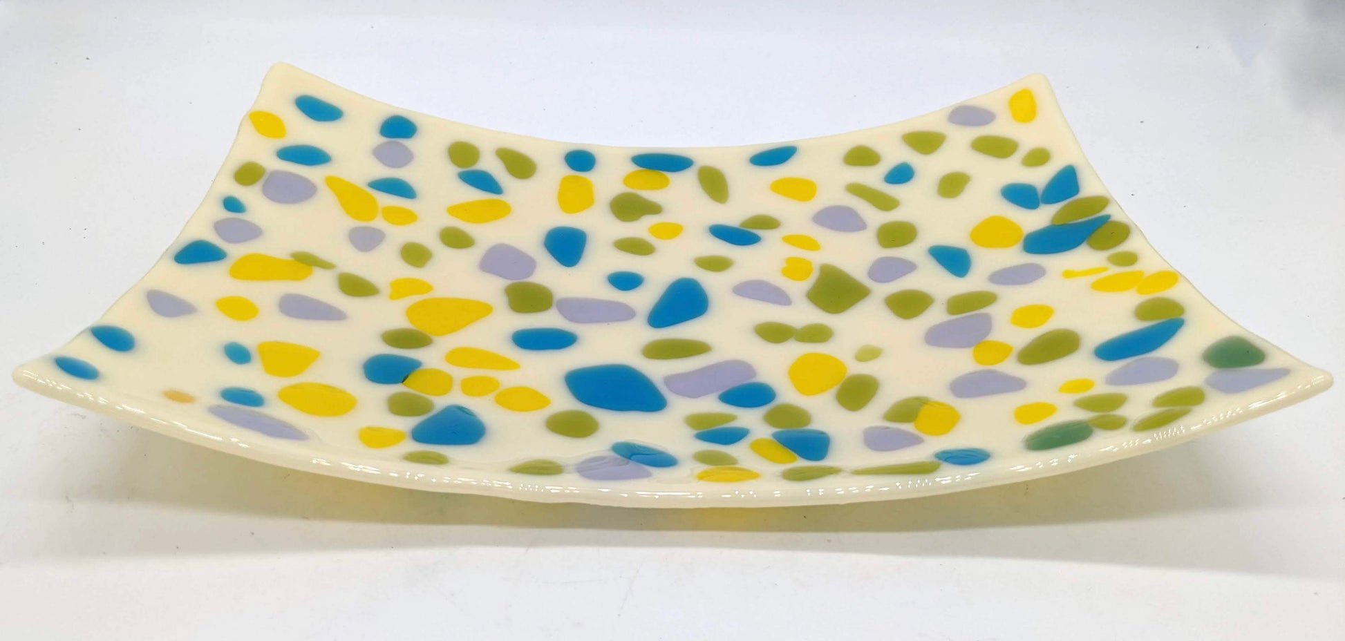 glass rectangular bowl with jewel like blue, green, yellow, and purple