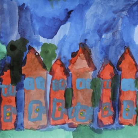 Ink on paper artwork featuring six red houses with outlines of blue windows. Houses are surrounded by green trees beneath a blue sky
