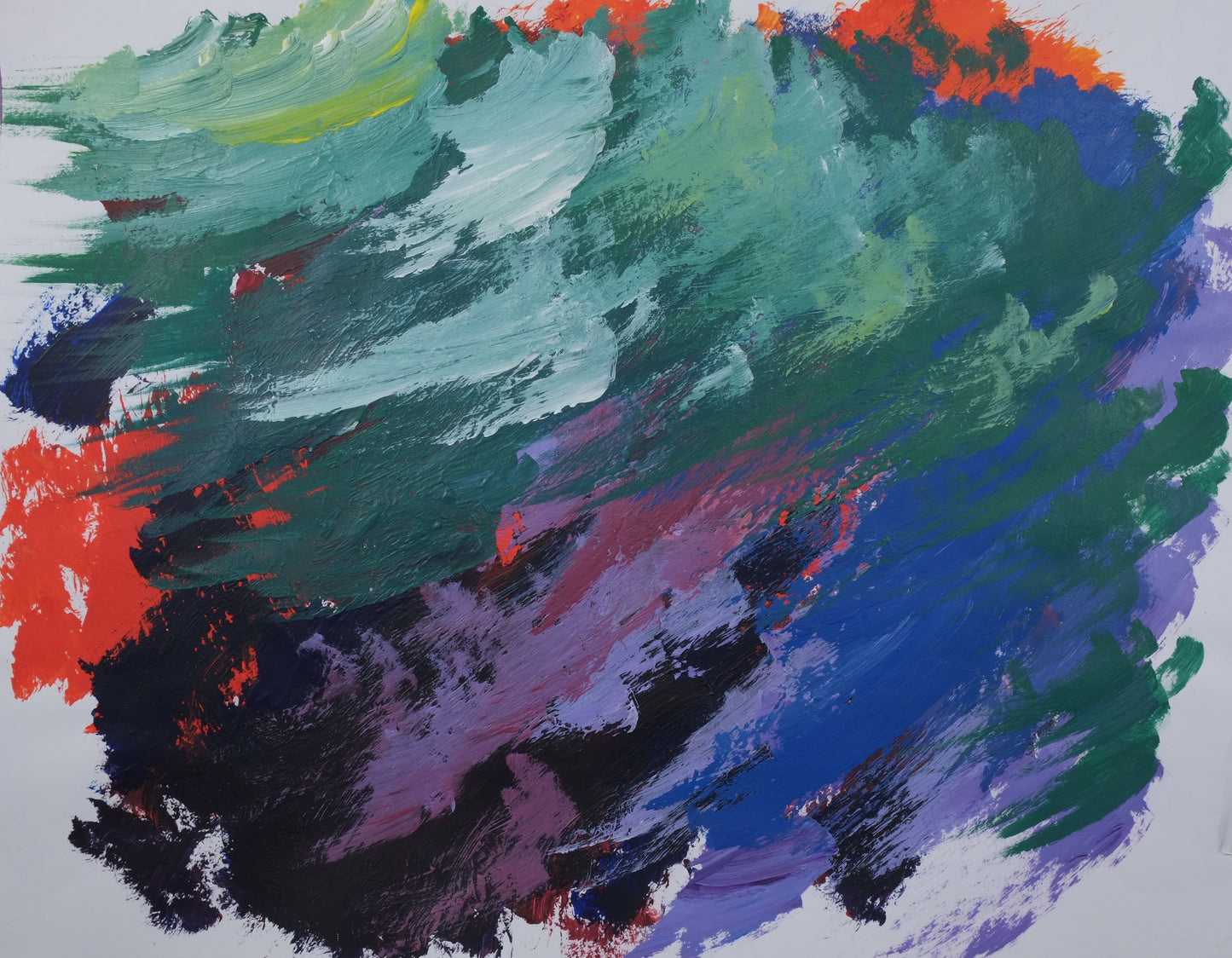 Acrylic on paper artwork with a mostly white background with centralized paint strokes of green, seafoam, orange, lavender, black and blue