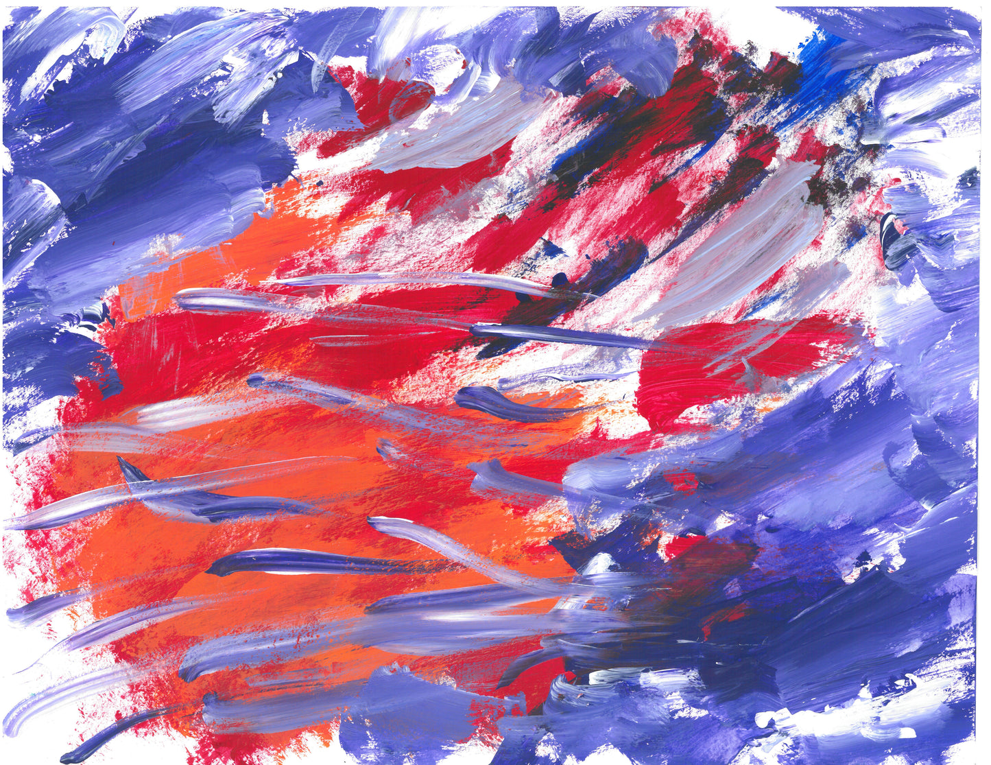 Purplish blue and white streaks surround and cross a central rough circle of orangish-red.