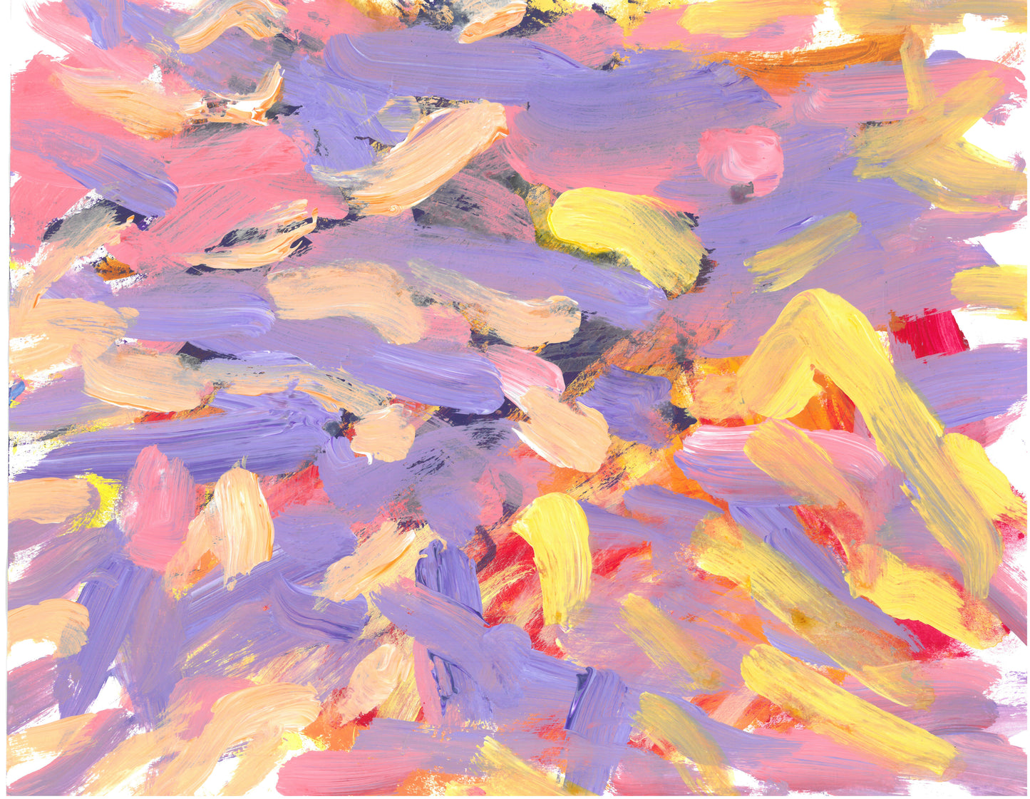 On a white background are wide streaks in light tones of lavender, yellow, pink, and tan with touches of black and orange.