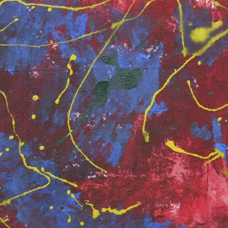 Acrylic on canvas artwork depicting red and blue background with yellow paint drizzle