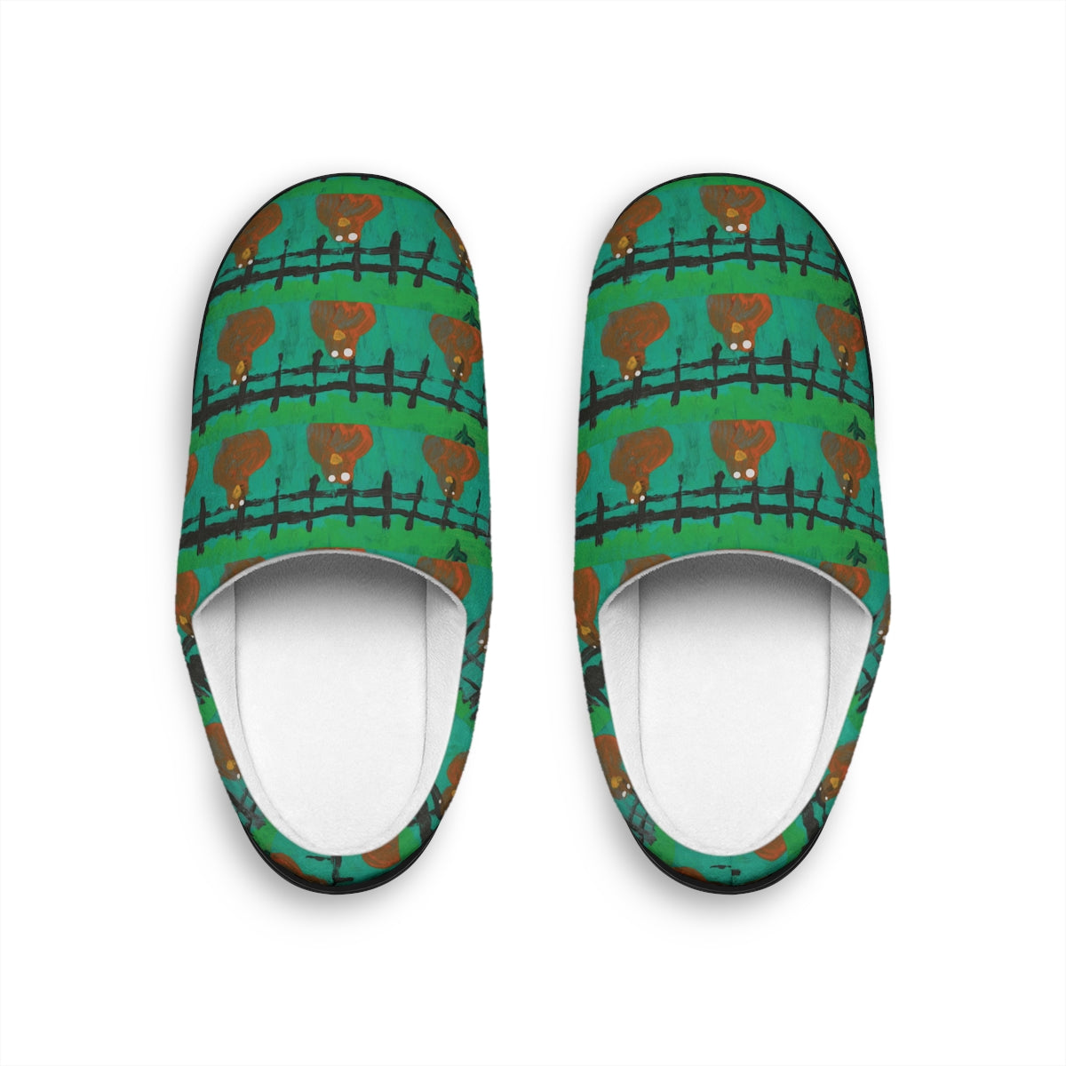 slippers with painting of chickens repeated