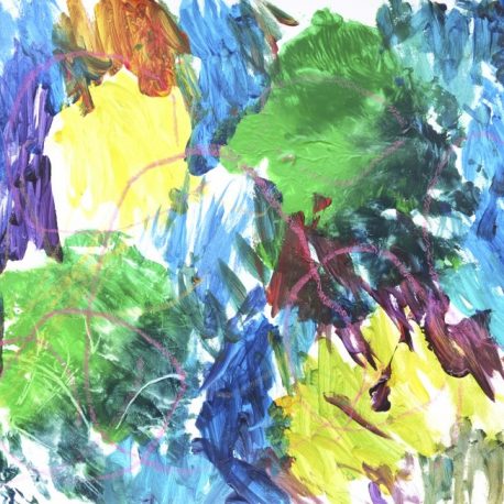 Acrylic and oil pastel on paper artwork with purple, blue, orange, green and yellow paint streaks throughout