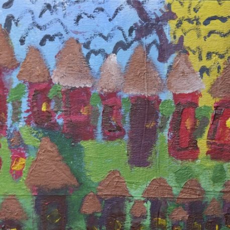 Acrylic on canvas artwork depicting yellow sun shining against blue sky with black birds and many red houses with brown rooves