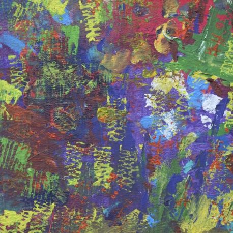 Acrylic on canvas artwork with blue, purple, green and red background beneath yellow, green and white stamped pattern