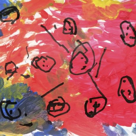 Acrylic ink and paper artwork with mostly red background with blue and yellow accents and black stick figures