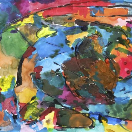 Ink and acrylic on paper artwork with pink, red, orange, yellow, green and blue melted together in a background with black paint drizzled over