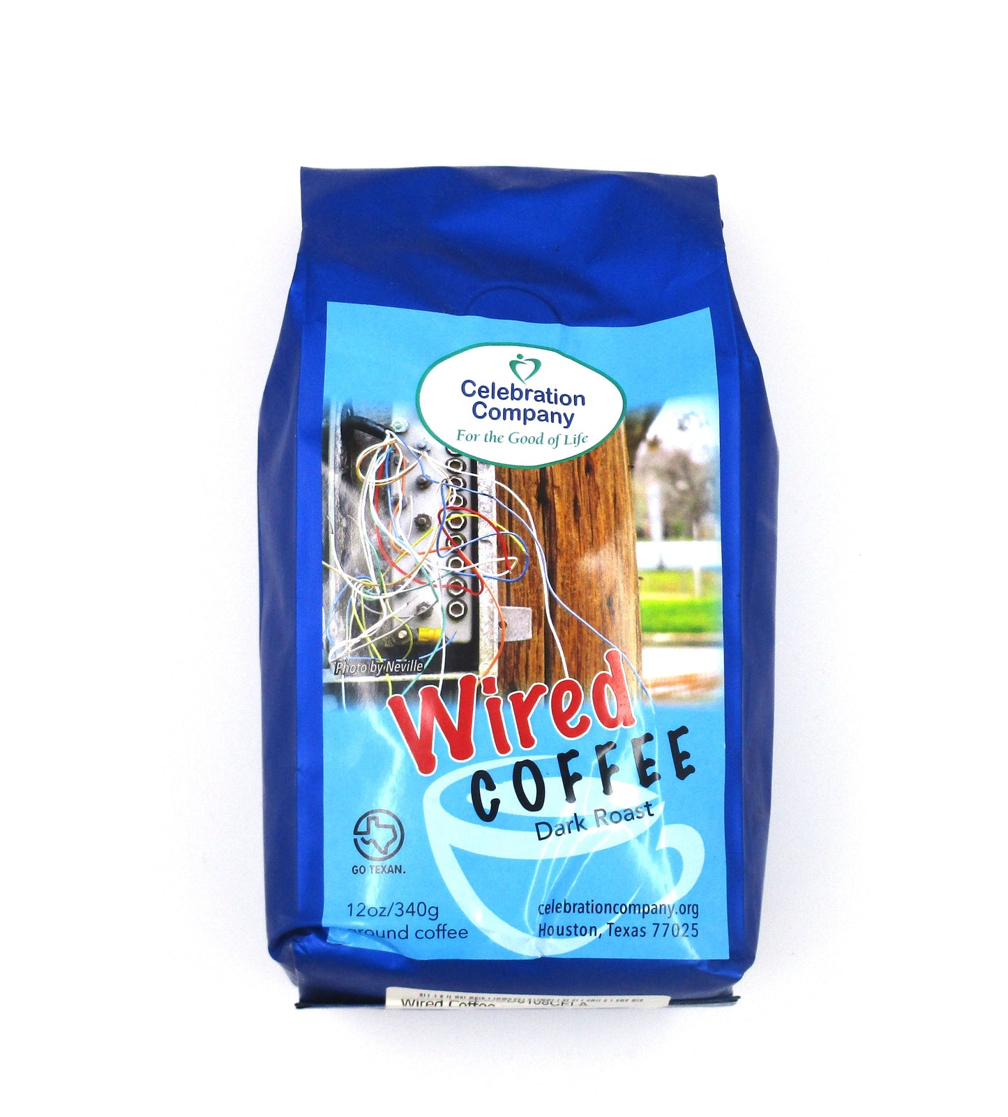 Blue bag of Celebration Company Wired Coffee dark roast