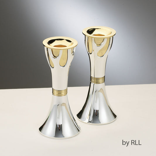 Set of Tree of Life silver candlesticks with gold accent at the middle and the top