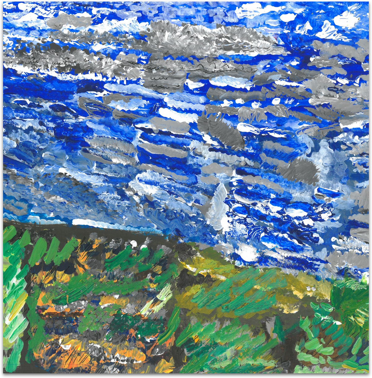 Painting of a sky and ground. The sky takes up 2/3 of the painting, with a textured sky of blues, grays, and whites blended in small waves. The Earth underneath is mostly browns with strokes of grass