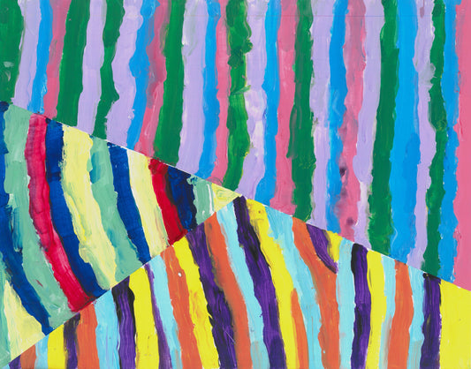 This is a painting with three sections of different colored vertical lines. The colors include: purple, orange, yellow, pale blue, green, red, pink