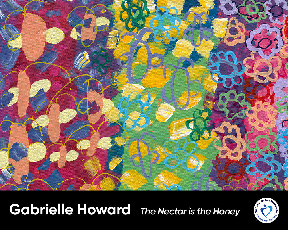 This is a poster of the following painting. This painting is a multicolored background including purple, green and pink. There are a series of abstract paint dashes on it and several flowers in abstract form.