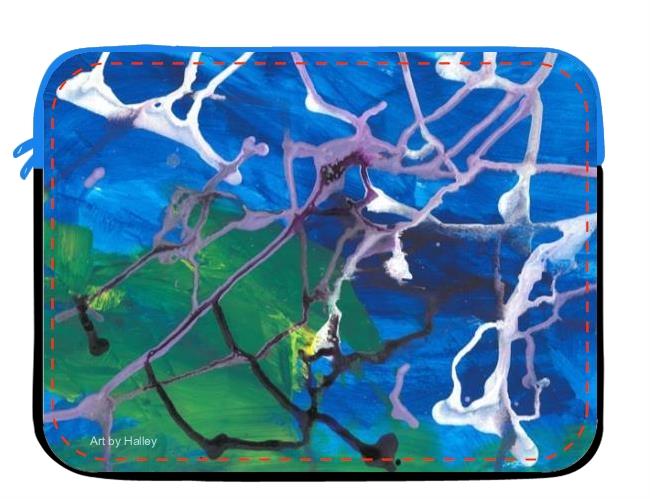 laptop case with blue and green background with white and purple lines
