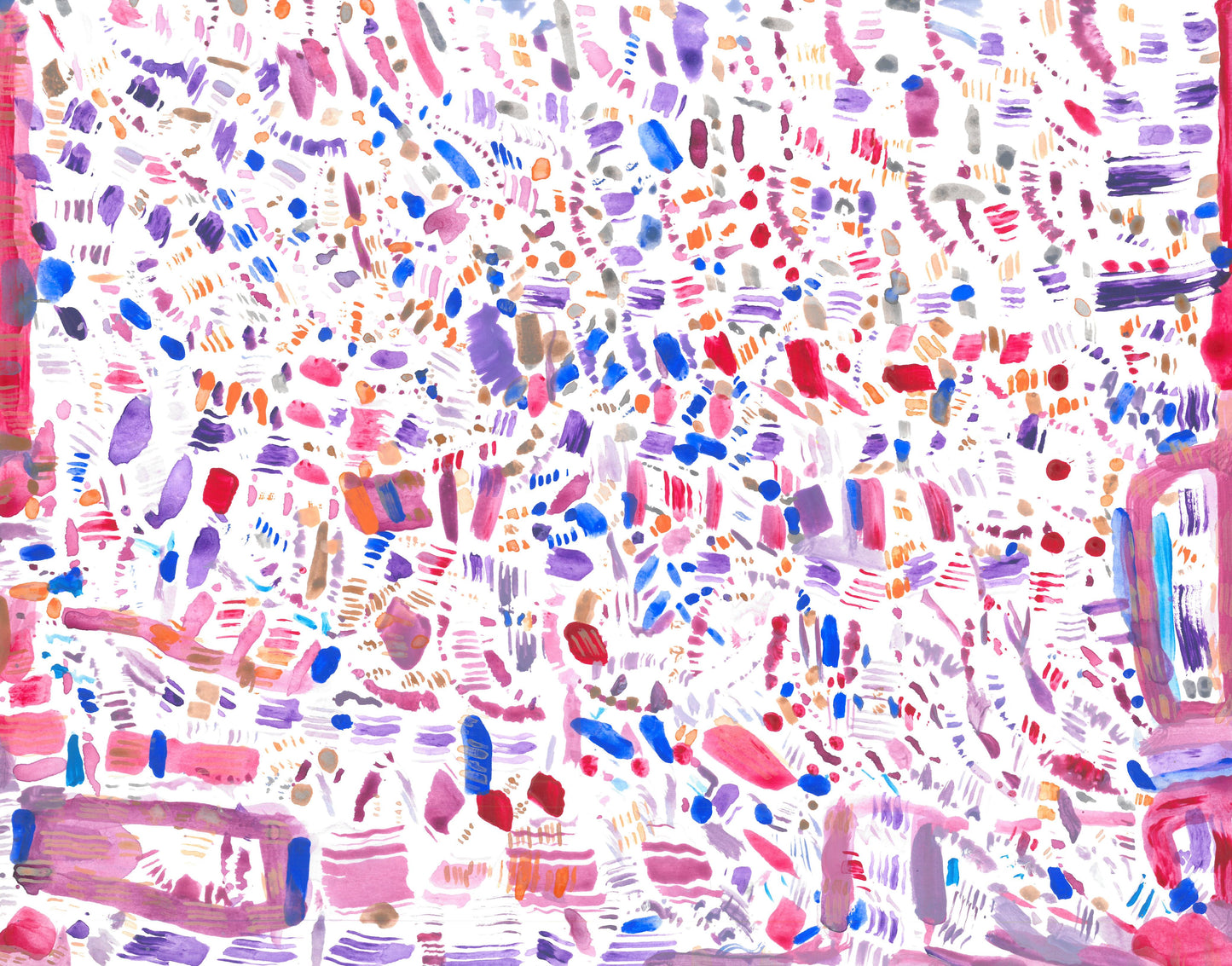 A field of small brushstrokes that vary in widths, lengths, and densities. The brush strokes are mostly shades of red, purple, and blue and are applied in a translucent matter. On the right, bottom, and left borders, there are larger lines on the edges as well as some rectangles.
