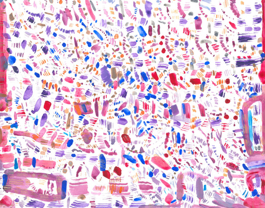 A field of small brushstrokes that vary in widths, lengths, and densities. The brush strokes are mostly shades of red, purple, and blue and are applied in a translucent matter. On the right, bottom, and left borders, there are larger lines on the edges as well as some rectangles.