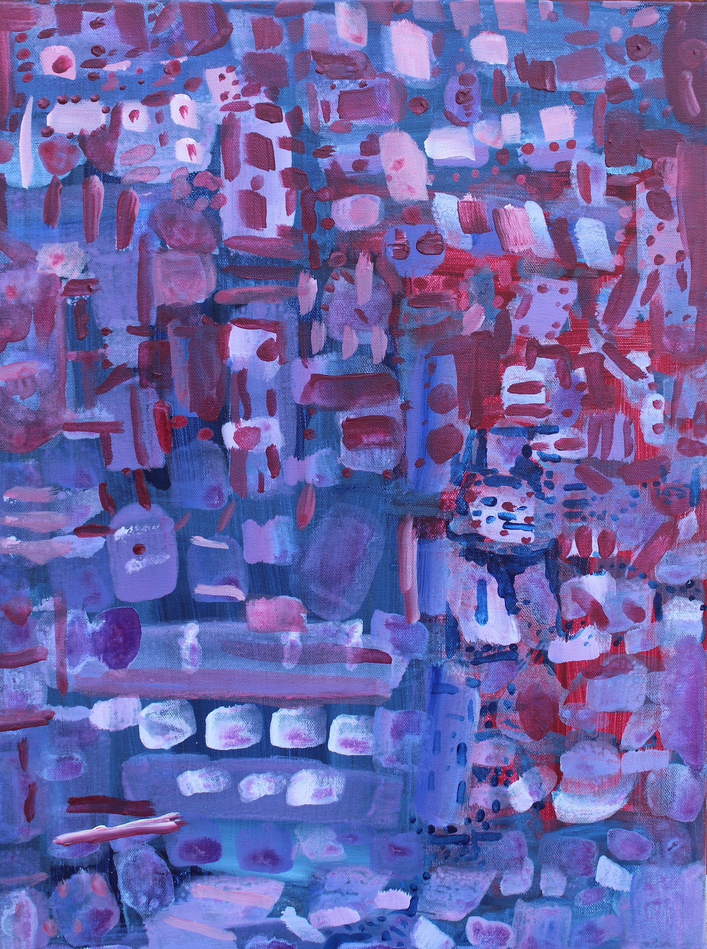 This is a painting with several dashes and lines in different directions. Abstract with blue, red, and white.