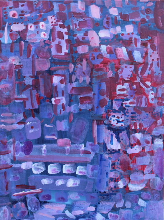 This is a painting with several dashes and lines in different directions. Abstract with blue, red, and white.