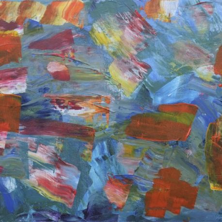 Acrylic on canvas artwork with orange, yellow, blue maroon paint streaks mixed throughout