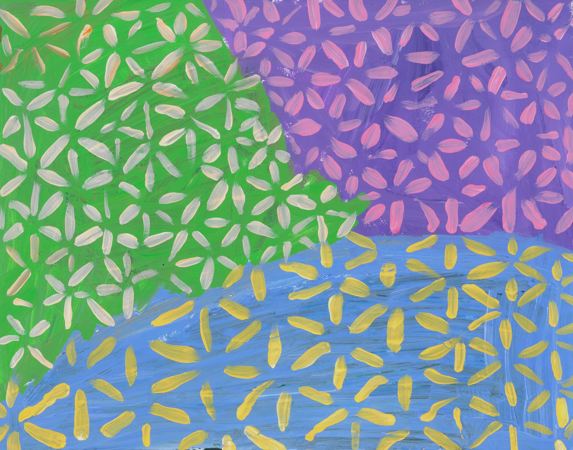 painting with lines creating bursts. painting created in a section of three colors green, blue and purple