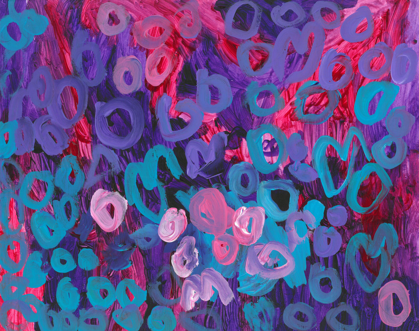 Hearts painting with purples, blues, and pinks