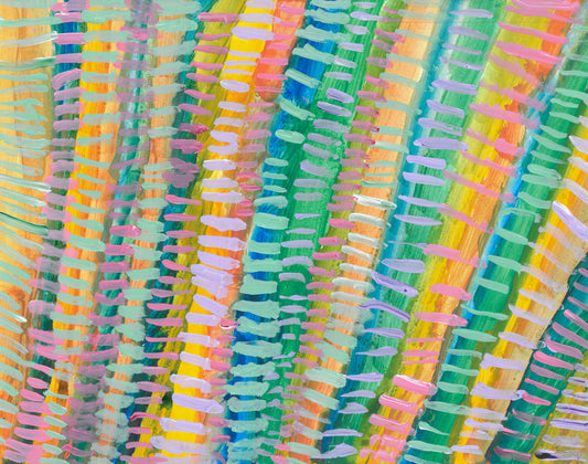 This is a painting of several different vertical lines in yellow, green, orange and blue. It has short horizontal lines covering the other lines in green, purple and pink.