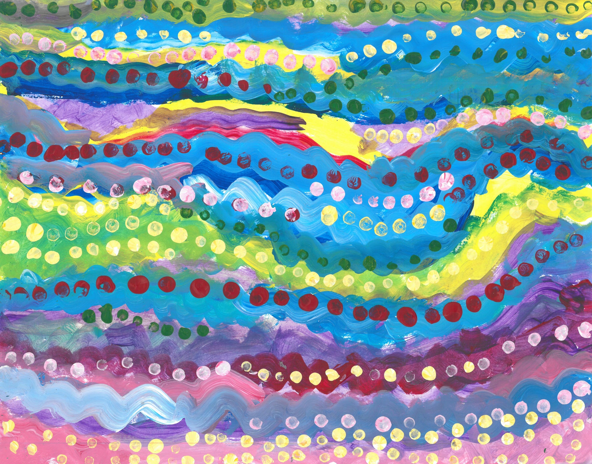 This is a painting with horizontal lines in pink, purple, red, blue and yellow. there are lines of dots on top in layers