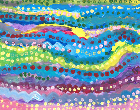 This is a painting with horizontal lines in pink, purple, red, blue and yellow. there are lines of dots on top in layers