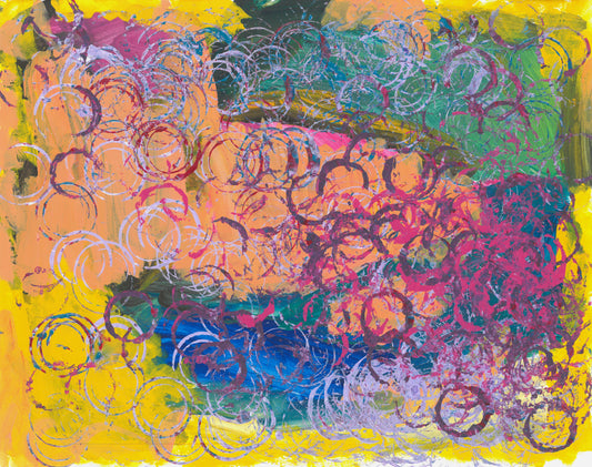 This is an abstract painting with a yellow, orange, blue and green background. There are several abstract circle shapes in various colors layered on top.