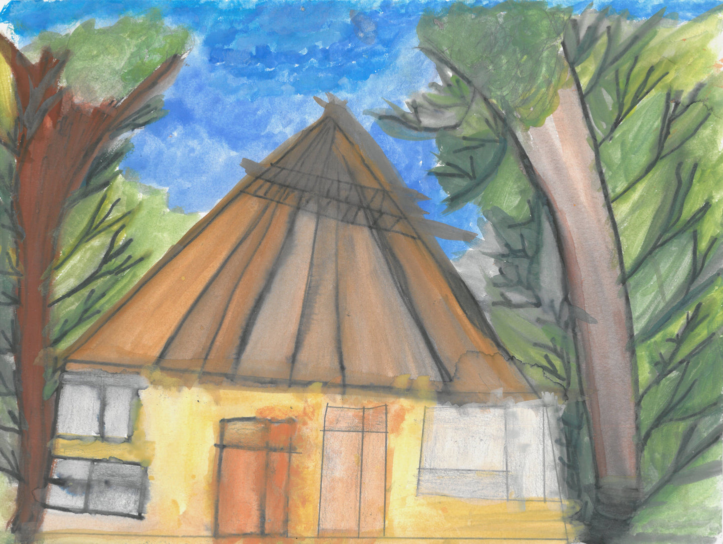 This is a house with a roof and two trees on either side of rhe house. There is a blue sky.
