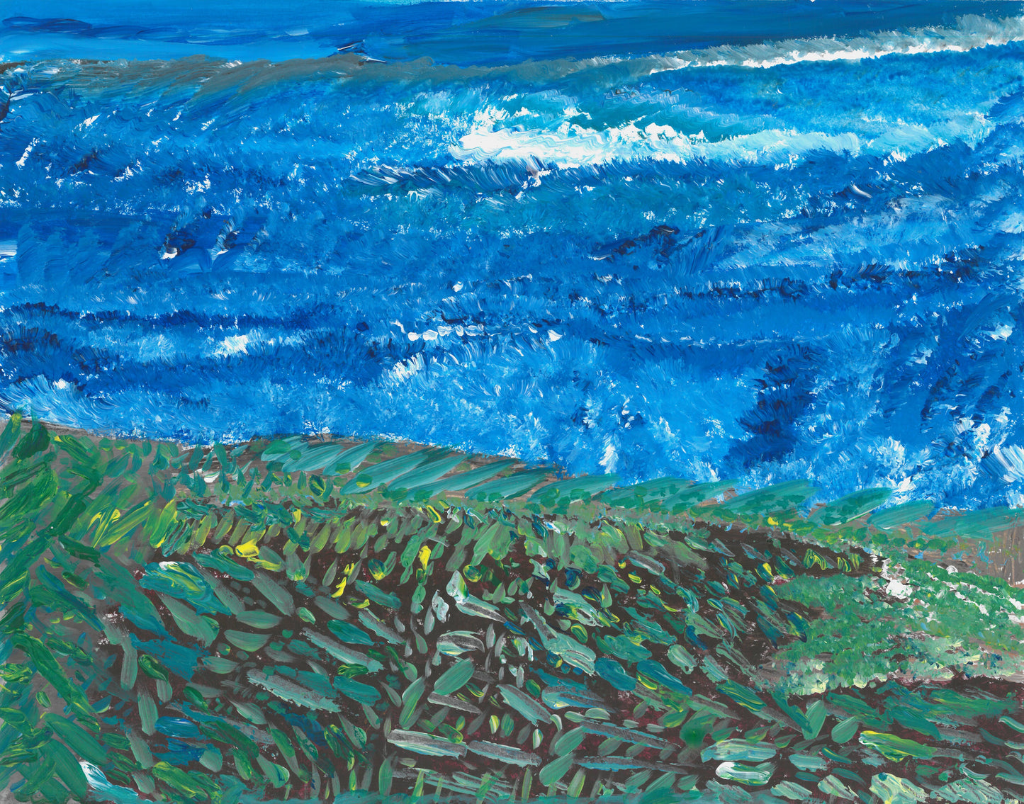 This is a painting of a landscape. the top is blue and white sky over a green, yellow and brown earthly section using crosshatching