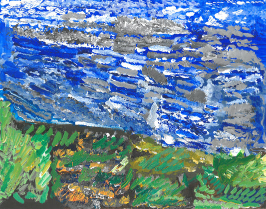 Painting of a sky and ground. The sky takes up 2/3 of the painting, with a textured sky of blues, grays, and whites blended in small waves. The Earth underneath is mostly browns with strokes of grass