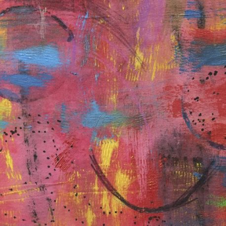 Acrylic on canvas artwork with a mostly red background with pops of light blue, pink and yellow peeking through with black dots and arches throughout