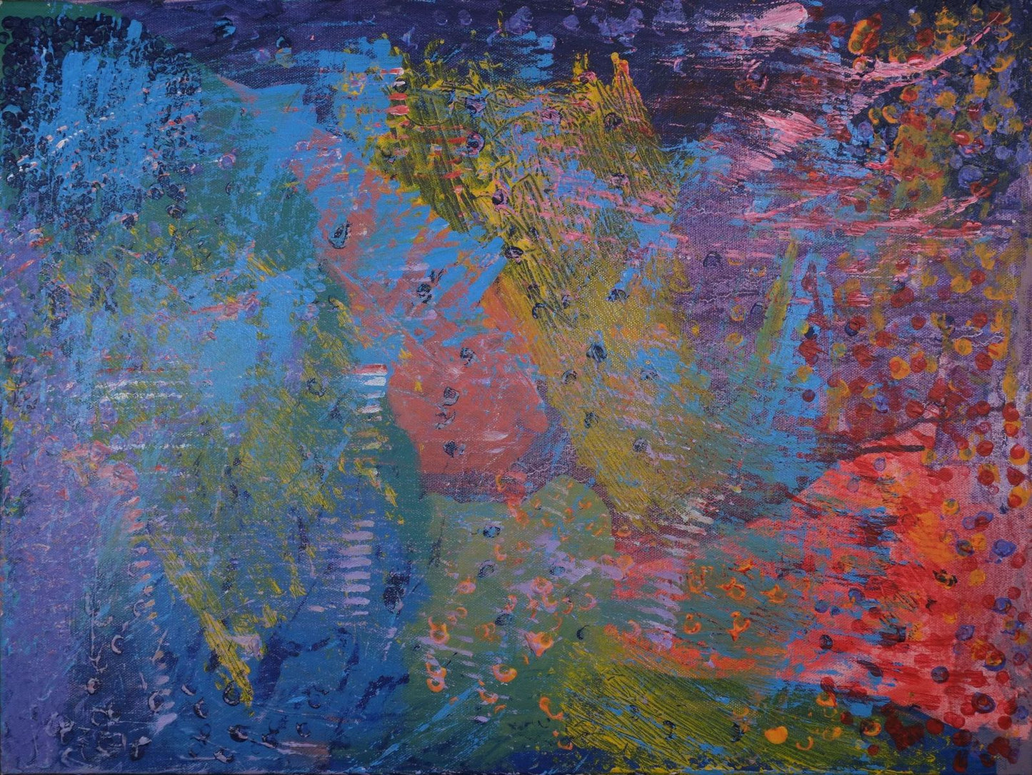 Acrylic on canvas artwork with dark blue, light blue, yellow, green and red background with yellow, orange and red dots over top
