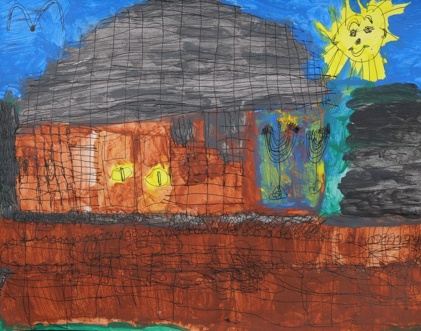 Acrylic and ink on paper artwork depicting a synagogue with stained glass behind two large menorahs and a gray roof beneath a blue sky with a black bird and a smiling golden sun