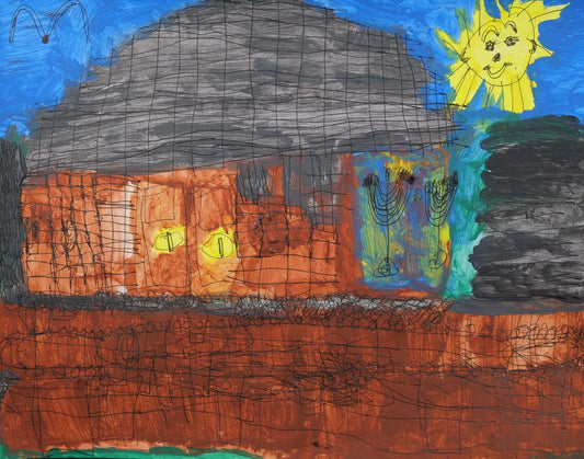 Acrylic and ink on paper artwork depicting a synagogue with stained glass behind two large menorahs and a gray roof beneath a blue sky with a black bird and a smiling golden sun