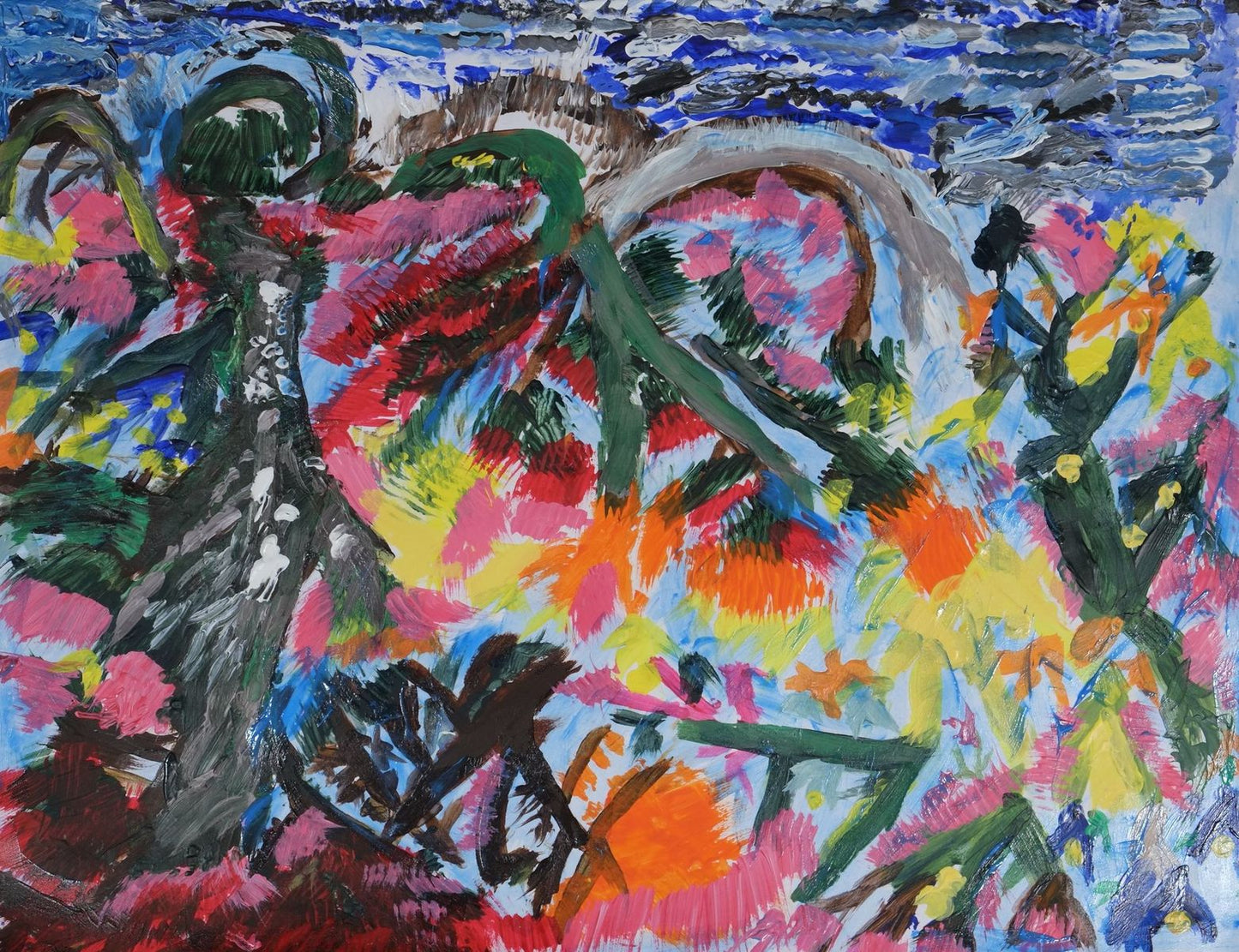 Acrylic on paper artwork with blue, white and black sky with a large green abstract tree on the left against a background of pink, red, yellow and orange brush strokes