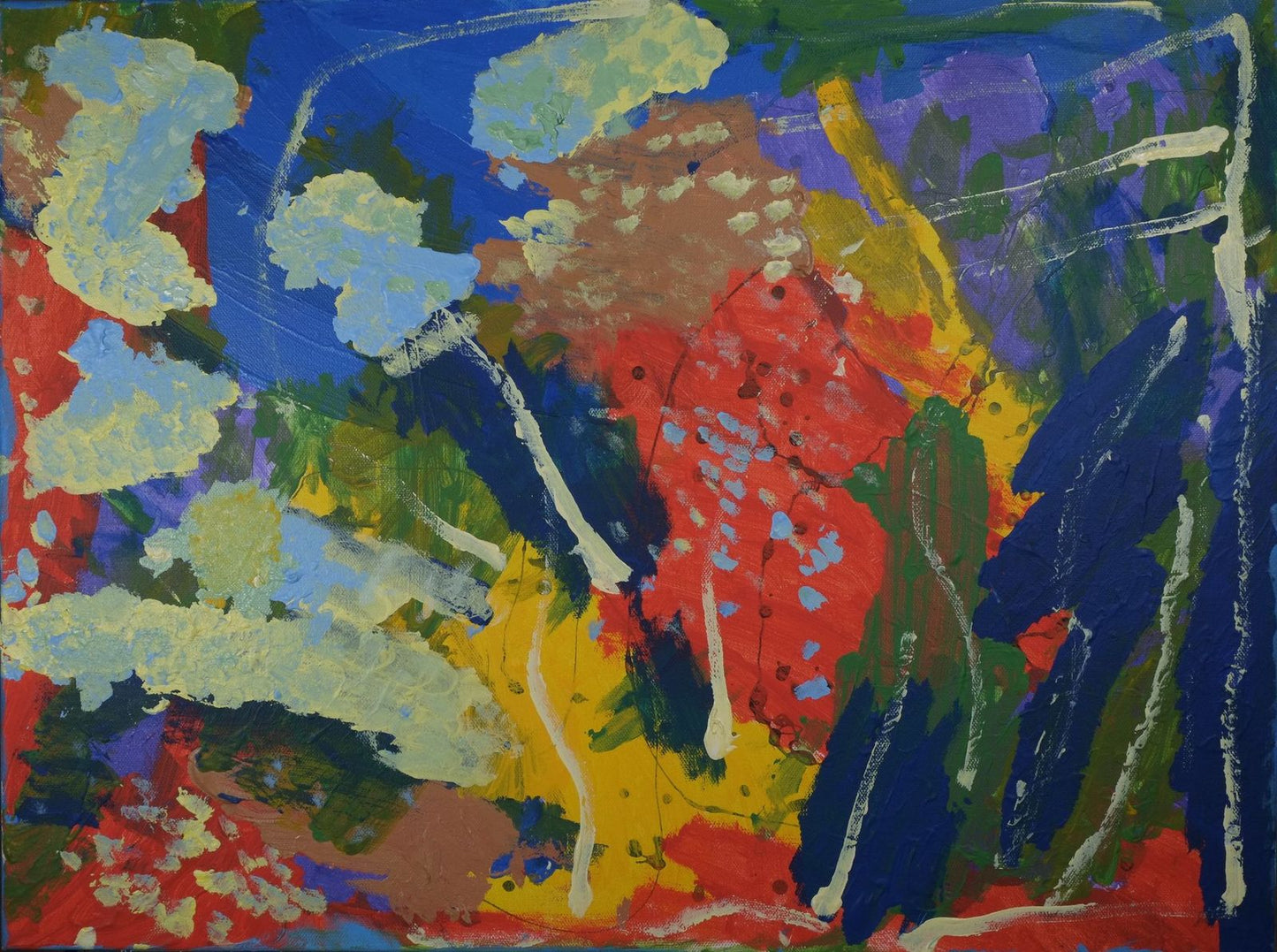 Acrylic on canvas artwork with large paint splotches of purple, blue, green, red, and yellow beneath fluffy clouds of light blue and yellow