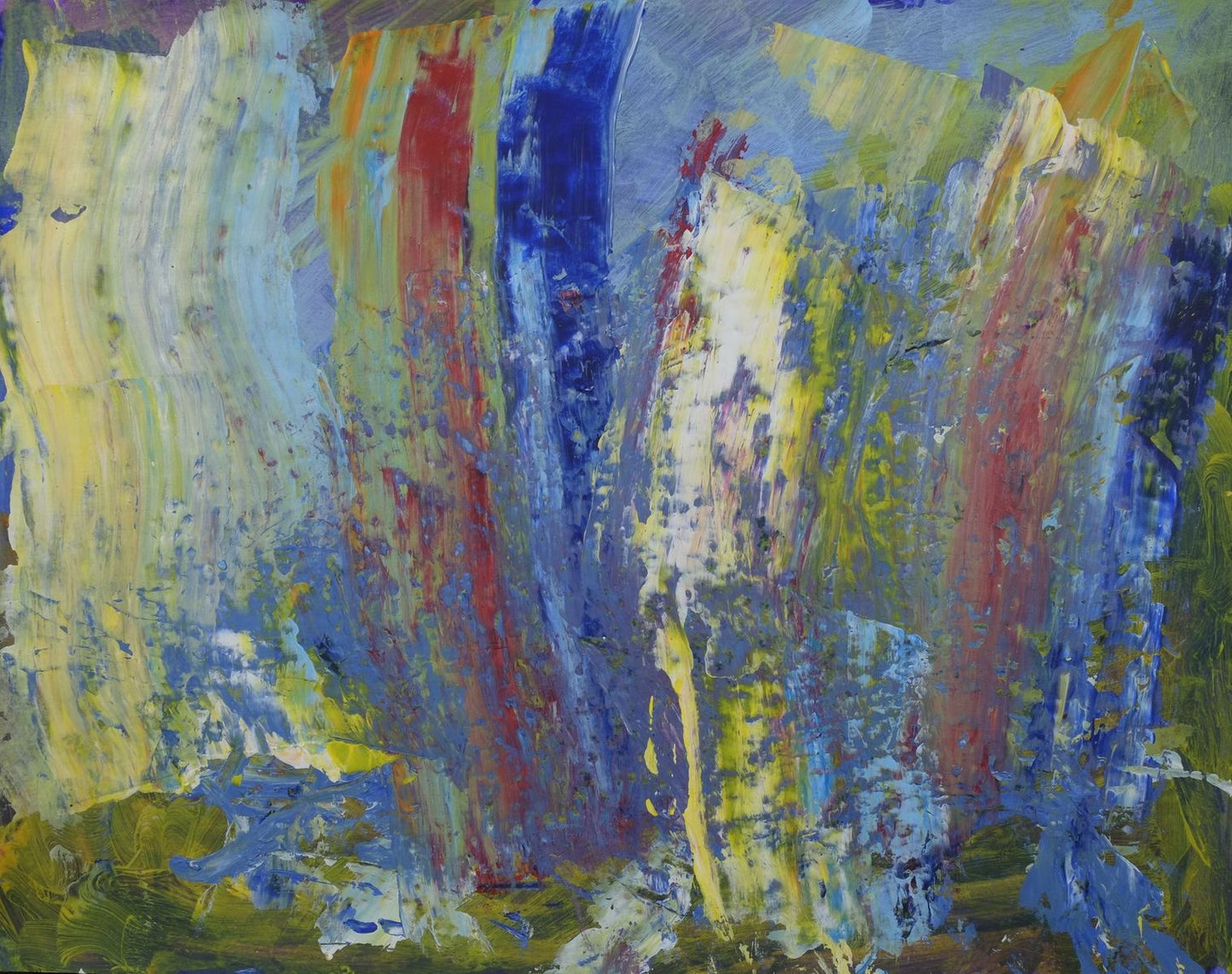 Acrylic on paper artwork inspired by rain drops hitting the window. The piece features vertical paint strokes in yellow, red, blue, and green with small blue paint dots across