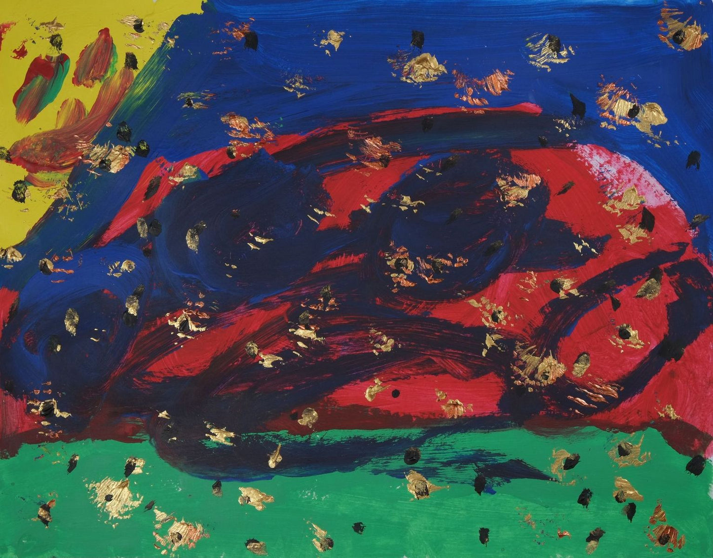 Acrylic on paper artwork with large strokes of green, red, and blue. The top left corner is yellow and tiny gold and black flecks are throughout the entire piece