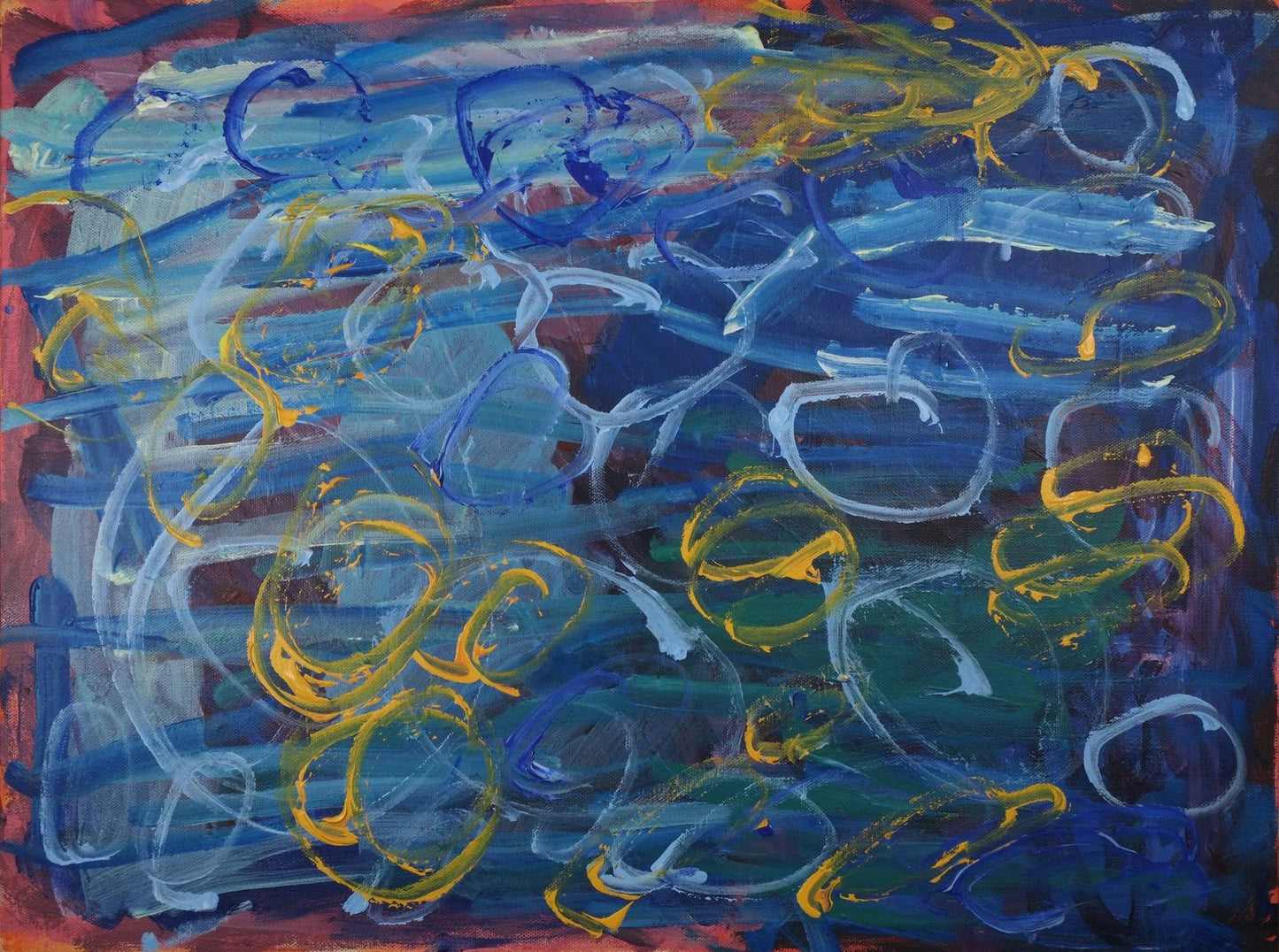 Acrylic on canvas artwork with light blue and dark blue swirls inspired by the ocean beneath yellow, dark blue and white circles over top