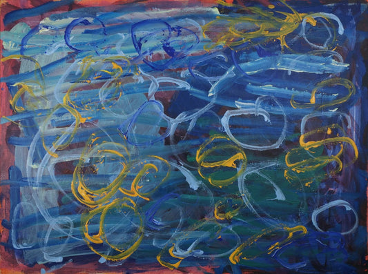 Acrylic on canvas artwork with light blue and dark blue swirls inspired by the ocean beneath yellow, dark blue and white circles over top