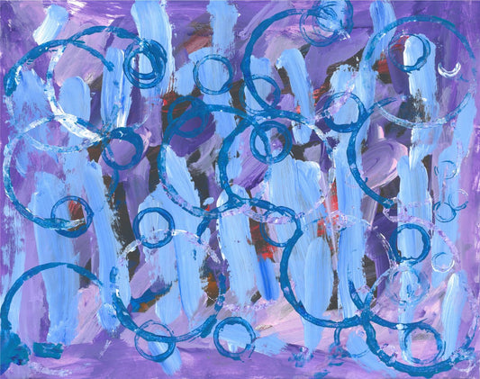 Against a background of pale blue and lavender streaks are teal blue rings and partial rings.